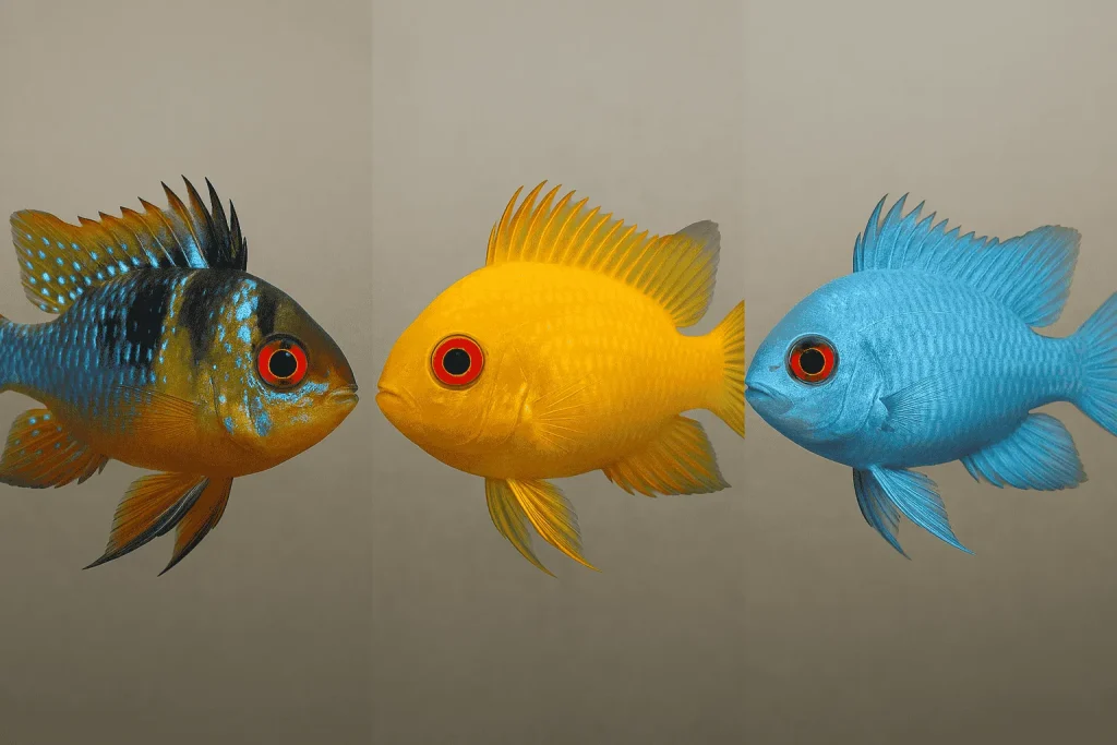 Comparison of German Blue Ram, Gold Ram, and Electric Blue Ram cichlids.