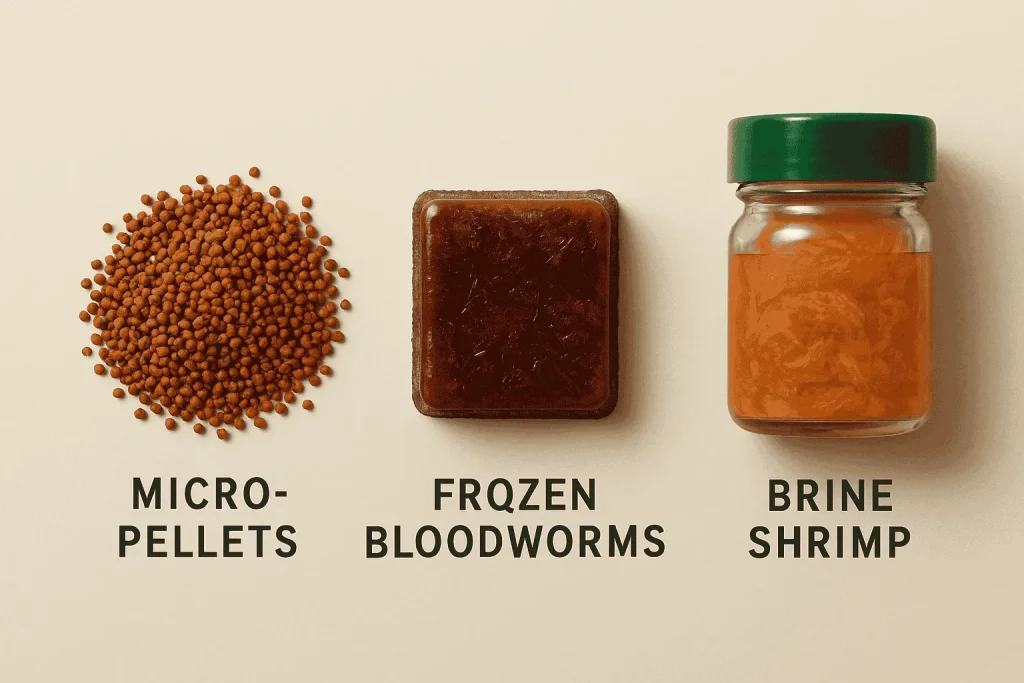  Feeding guide for Ram Cichlids including pellets, frozen bloodworms, and brine shrimp.