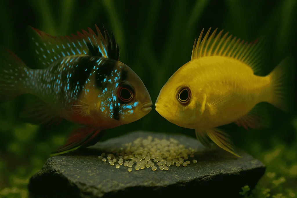 A pair of German Blue Rams guarding their eggs on a flat rock.