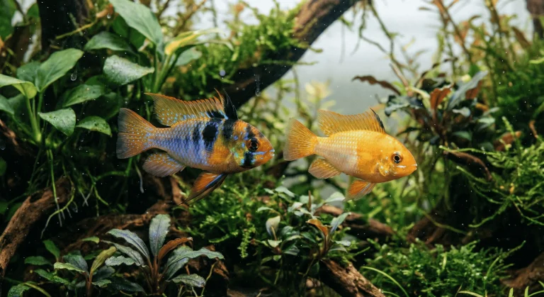 colorful German Blue Ram and Gold Ram swimming together in a planted freshwater aquarium.